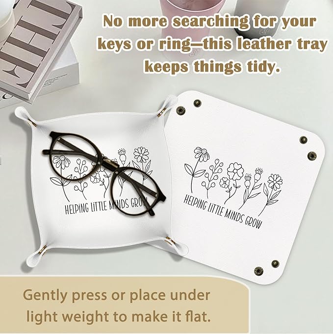 Teacher Gifts Jewelry Valet Tray for Women Men, Teacher Appreciation Gifts PU Leather Catchall Beside Caddy Nightstand Organizer Tray for Jewelry Rings Watches and Accessories, 7.87x7.87in