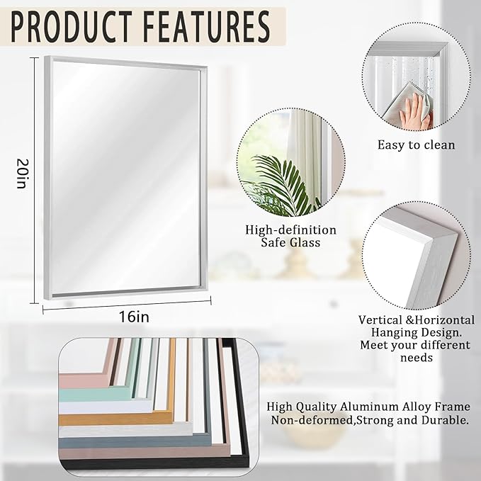 AAZZKANG Metal Frame Mirror Rectangle Wall Mounted Mirrors Decorative Modern for Bedroom Bathroom Living Room Vertical or Horizontal Silver 20"x16"