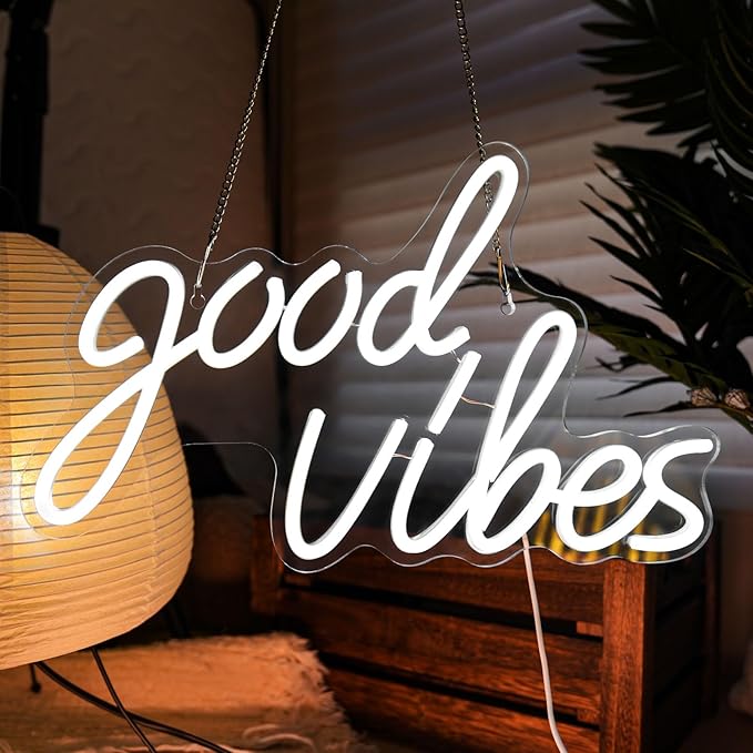 Good Vibes Neon Sign, Good Vibes Neon Lights Goodvibes LED Light Sign for Wall Decor, Bedroom Decor, Game Room, Birthday Party, Wedding, Bar, Home, Girl Cave, White, (15.91 x 9.69 inch)
