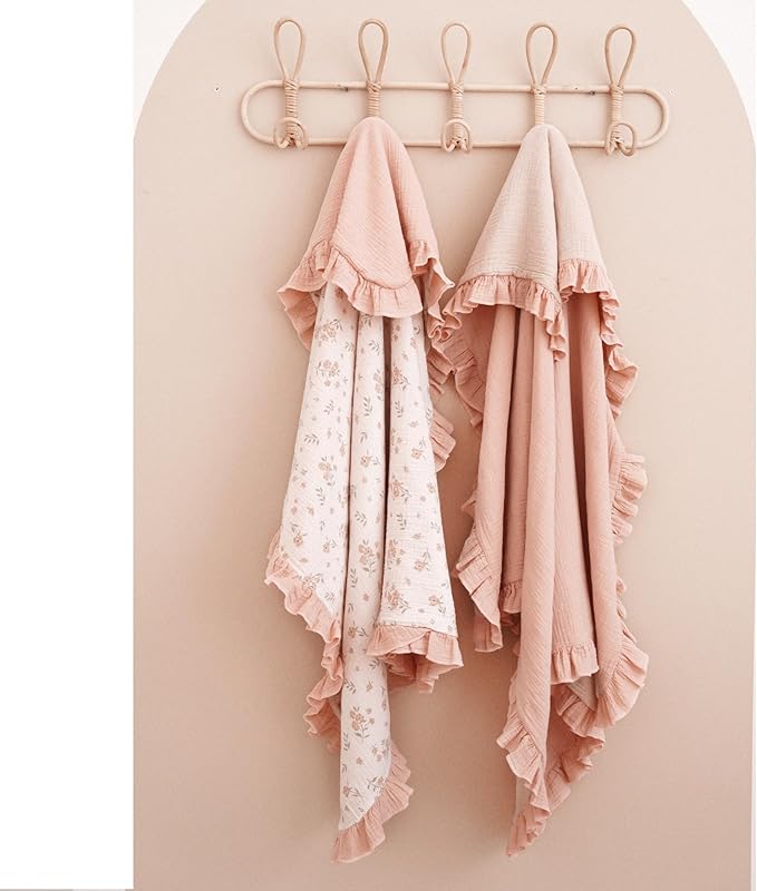 Konssy Flounce Muslin Baby Blanket for Girls Boys, 100% Cotton Soft Crib Swaddle Blankets, Reversible & Breathable Nursery Bedding for Newborns Toddlers, 40 x 36 Inches (Blossom)