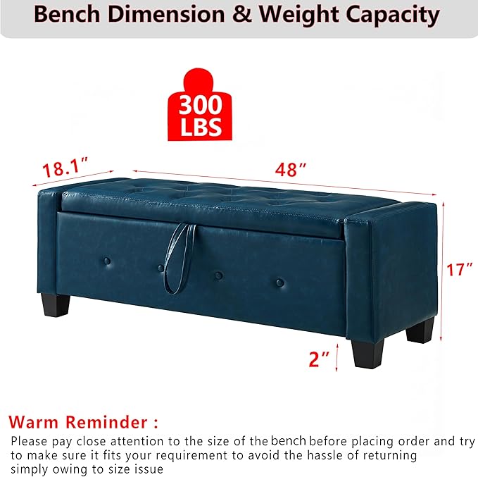 48" PU Leather Storage Ottoman Bench for Bedroom Bed End,Tufted Faux Leather Ottomans with Storage for Living Room,Bedside,Entryway,Modern Window Benches with Seating (PU Blue, 48")