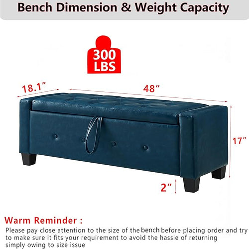 48" PU Leather Storage Ottoman Bench for Bedroom Bed End,Tufted Faux Leather Ottomans with Storage for Living Room,Bedside,Entryway,Modern Window Benches with Seating (PU Blue, 48")