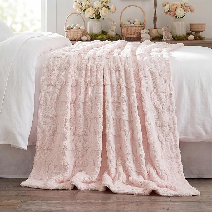 Horaldaily Easter Solid Blanket Throw, Pink Rabbits Soft Fuzzy Plush Faux Fur Cozy Blankets for Couch Sofa Bed Lounging, Ideal Gifts for Kids Adults Wife Self, 50x60