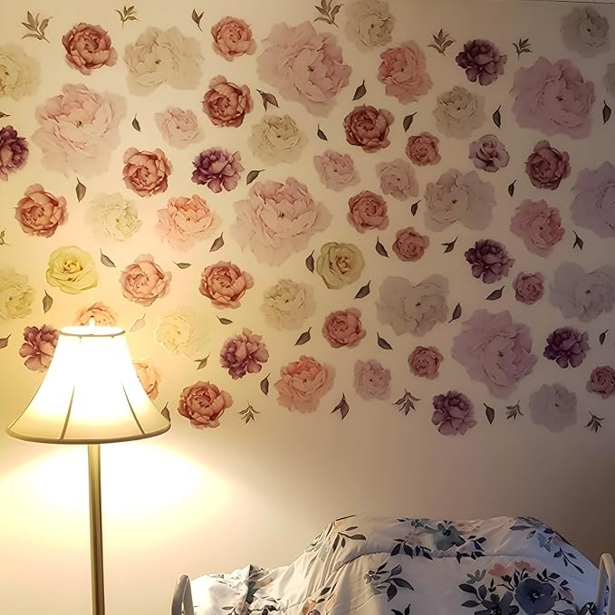 Large Floral Wall Decals, 15 Peonies Flower Set Stickers for Bedroom, Living Room, Nursery, Elegant Floral Decals for Home Decor, Boho Botanical Style