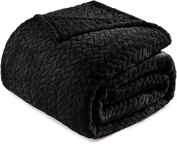 Exclusivo Mezcla Fleece Twin Size Blanket for Bed, 60x80 Inches Soft Cozy Jacquard Flannel Blankets, Lightweight Fuzzy Plush Warm for Women, Black
