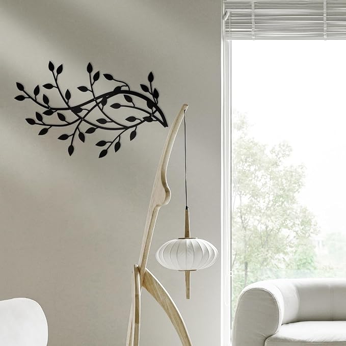 Meltset Metal Tree Leaf Wall Decor, Vine Olive Leaf Branch Wall Art, Black Metal Art, Wrought Iron Scroll Wall Decor, Decorative Wall Sculpture Above Bed, Living Room,Bathroom,Indoor Outdoor(L/Black)
