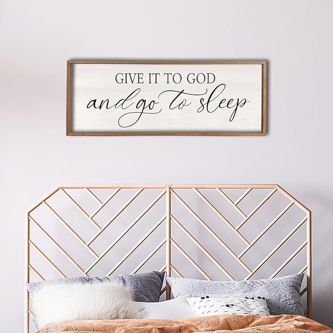 comurdyo Christ Religious Wall Decor Give It To God And Go To Sleep Sign 40"×15" for Christian Prayer Holy Modern Rustic Simple Master Bedroom Above Over Bed Wall Decor Plaque Hanging (Wood)