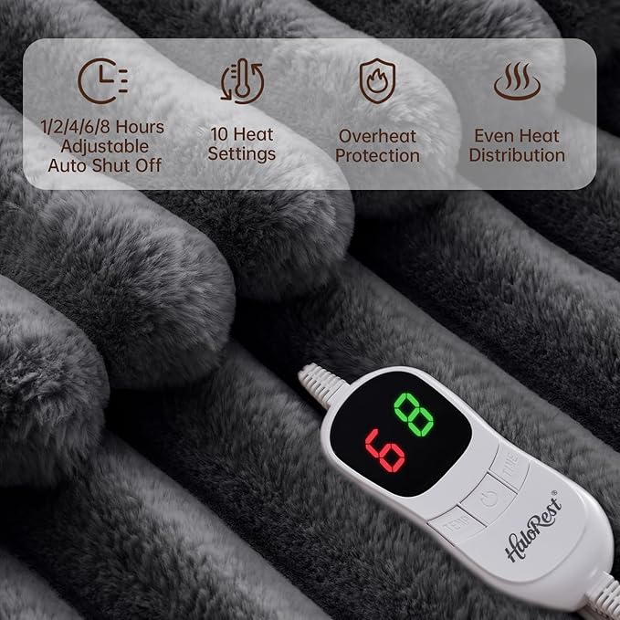 Heated Blanket Twin Size, Faux Fur Cozy Heating Blanket with Overheat Protection, 1/2/4/6/8 Hours Auto-Off 10 Heat Level, Machine Washable (62x84 Inches, Darkgrey)