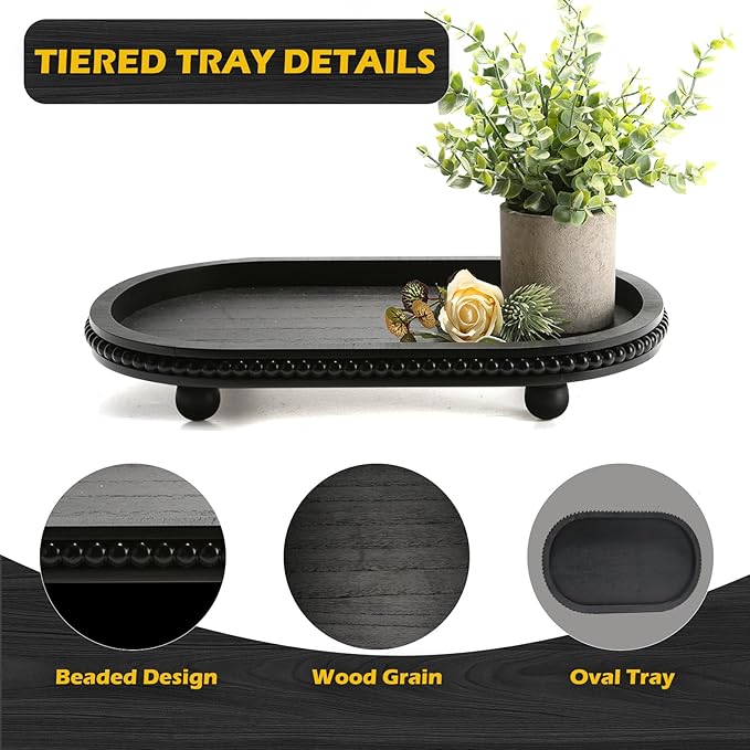 SYNCVIBE Wooden Decorative Tray for Home Decor, Beaded Black Oval Tray Decor for Coffee Table, Rustic Wood Serving Trays Farmhouse Centerpieces for Living Room Kitchen Counter (Black Oval)