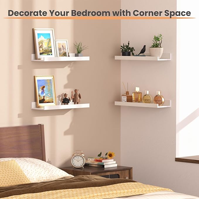 upsimples Floating Shelves for Wall, Wall Shelves for Decor Storage Set of 6, Wall Mounted Wood Shelf for Bedroom, Living Room, Bathroom, Kitchen, Picture Ledge Shelf, White
