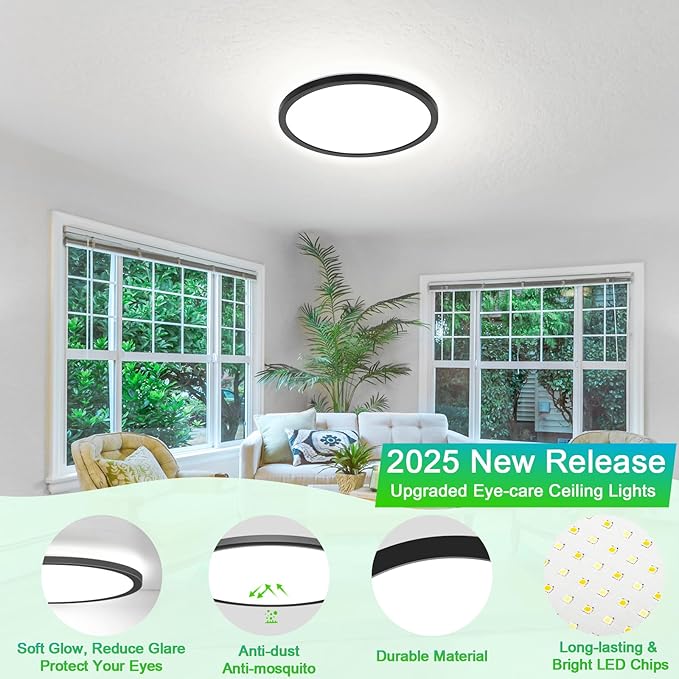 20 Inch Large LED Flush Mount Ceiling Lights, 35W 4200 LM LED Ceiling Light Fixtures, 2700K/3000K/4000K/5000K/6500K Selectable, Ultra Thin Black Panel Lights for Bedroom, Laundry, Bathroom, 1-Pack