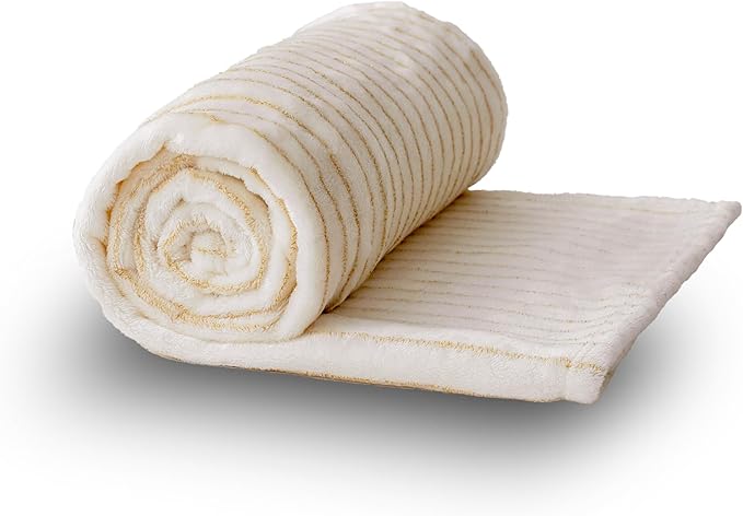 Super Soft Flannel Throw Blanket 50x60 Inches, Premium Gold Glitter Stripes Silky Fleece Lightweight Bed Blanket All Season Use, Ivory, 50"x60"