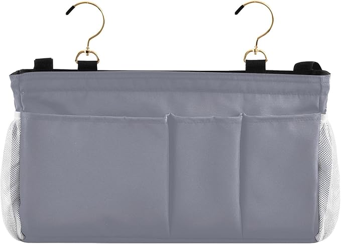 Grey Bedside Caddy Storage Bag Bedside Organizer for Dorm Room Top Bunk Bed Organizer Caddy Hanging Shelf 6 Pockets with Hooks for Book Glasses Phone Holder