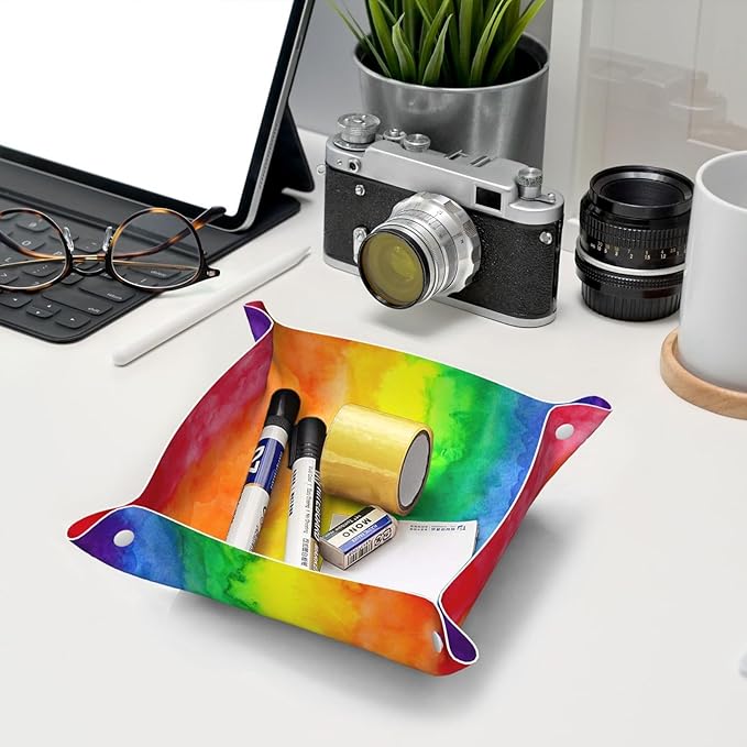 Rainbow Wash Leather Vanity Tray Desktop Storage Organizer, Decorative Catchall Perfume Tray, Bathroom Valet Tray,Nightstand Caddy Holder for Keys Phone Wallet Coin Jewelry, S