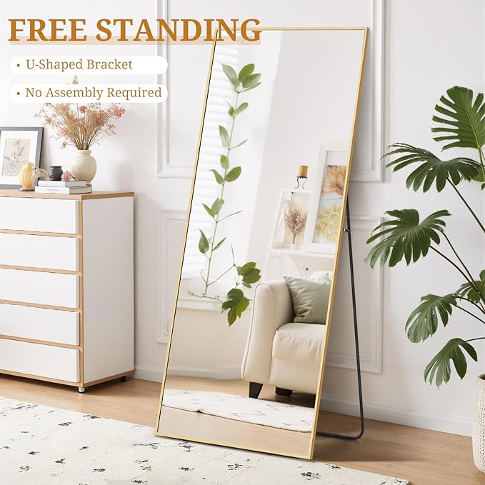 Full Length Mirror 71"x26" Full Body Mirror Rectangle Free Standing Wall Mounted Leaning Floor Mirrors with Stand Aluminum Alloy Frame for Bedroom Cloakroom, Gold