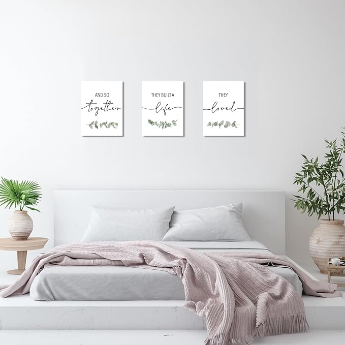And So Together They Built A Life They Loved Wall Decor: 3 Piece Eucalyptus Pictures Wall Art Canvas Prints 12"x16",Sage Green Botanical Decor for Modern Farmhouse Living Room Master Bedroom