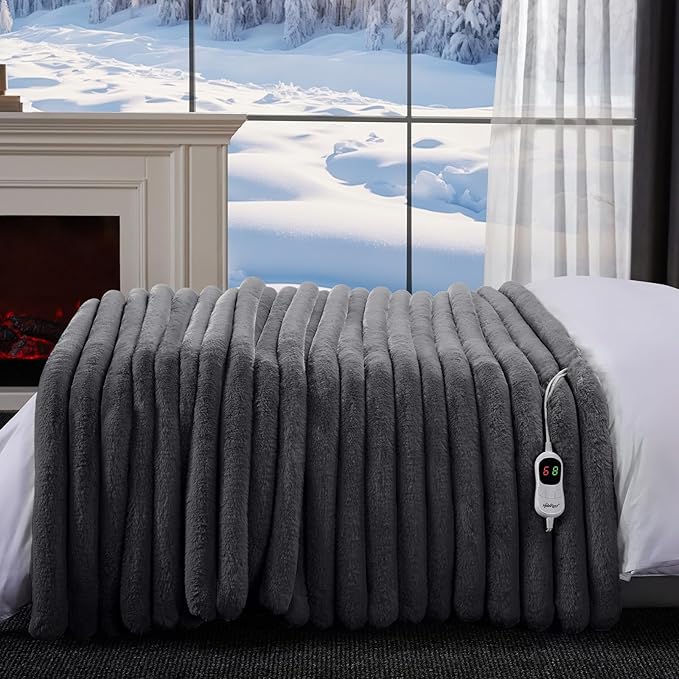 Heated Blanket Twin Size, Faux Fur Cozy Heating Blanket with Overheat Protection, 1/2/4/6/8 Hours Auto-Off 10 Heat Level, Machine Washable (62x84 Inches, Darkgrey)