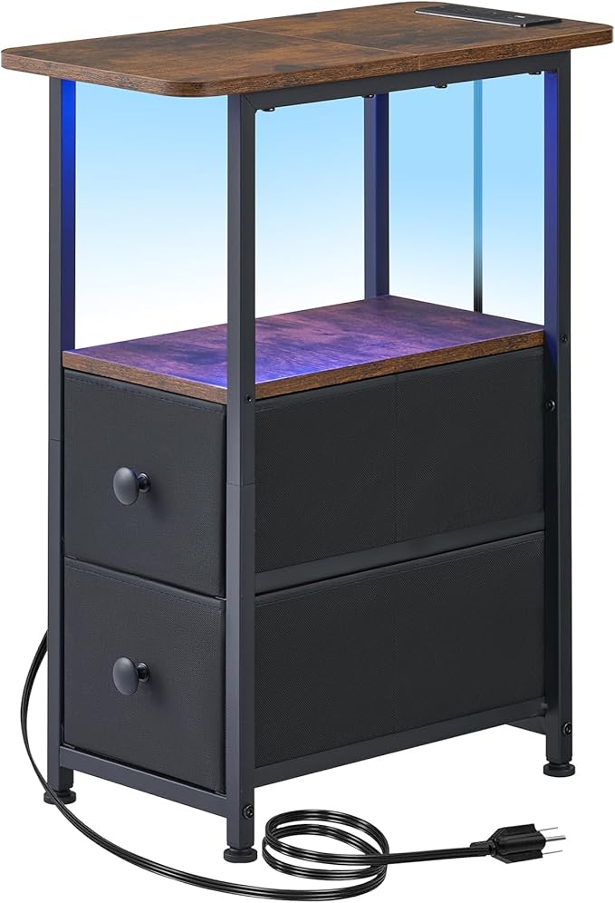 Narrow End Table with Charging Station, Narrow Side Table with Drawer, Small Nightstand with LED Light, Skinny Nightstand, Small Bedside Table for Living Room, Bedroom, Couch, Rustic Brown