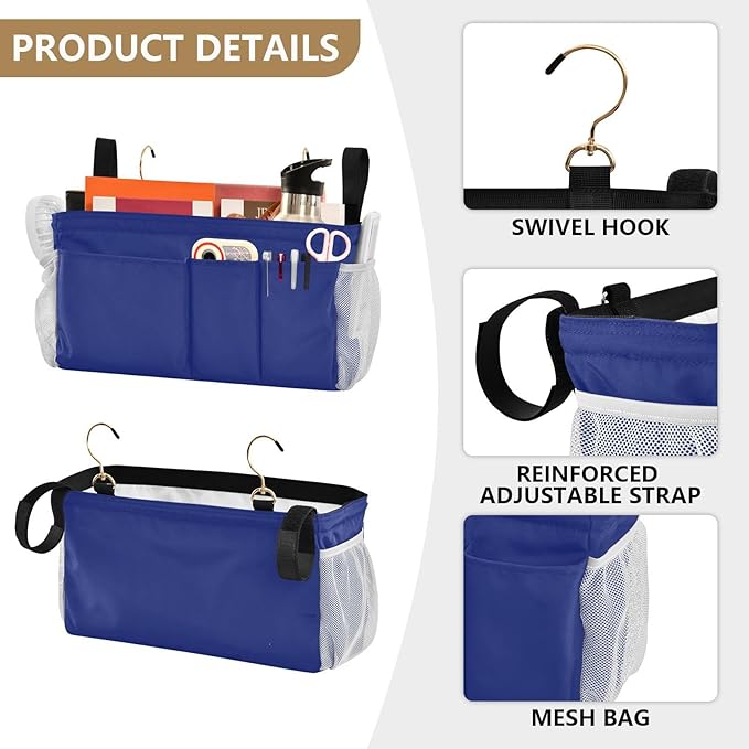 DOMIKING Blue Bedside Caddy for Dorm Bed Recliner Armrest Organizer with Hooks Haning Storage Bags for Headboards Rails Bunk Bed