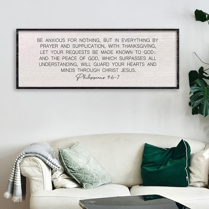 LuZhiQiang Bible Verse Wall Art Be Anxious for Nothing Christian Inspirational Sign 40"×15" Philippians 4:6-7 Rustic Religious Home Decor for Living Room Large Scripture Wood Framed Hanging (Black)