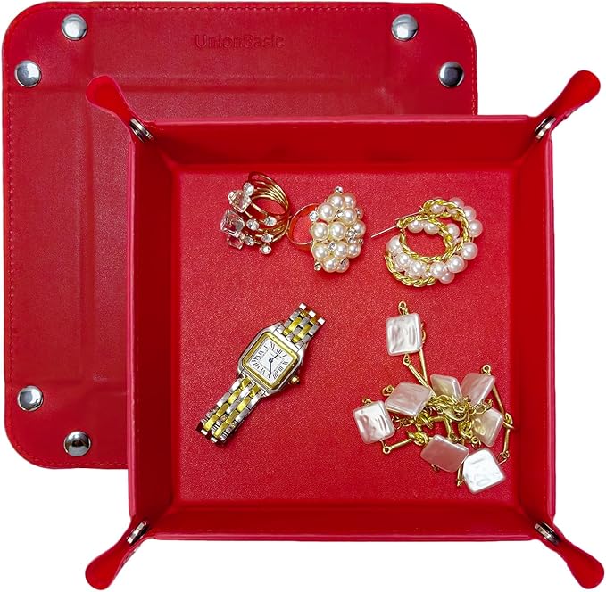 UnionBasic Small Valet Tray, Jewelry Tray for Rings Watches Earrings, Entryway Catchall Caddy for Coins Keys Change, Nightstand Bedside Valet Holder, Trays for Electronic Gadgets, Red