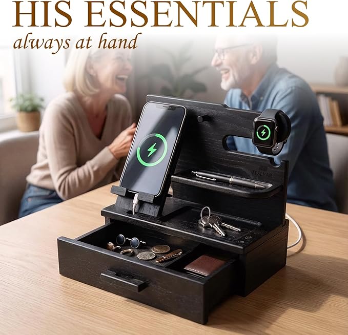 TESLYAR Wood Phone Docking Station with Drawer - Nightstand Organizer - Desk Organizer for Husband - Birthday Gifts for Men, Dad, Anniversary Idea, Key Holder Stand Watch & Accessories (Granite Black)
