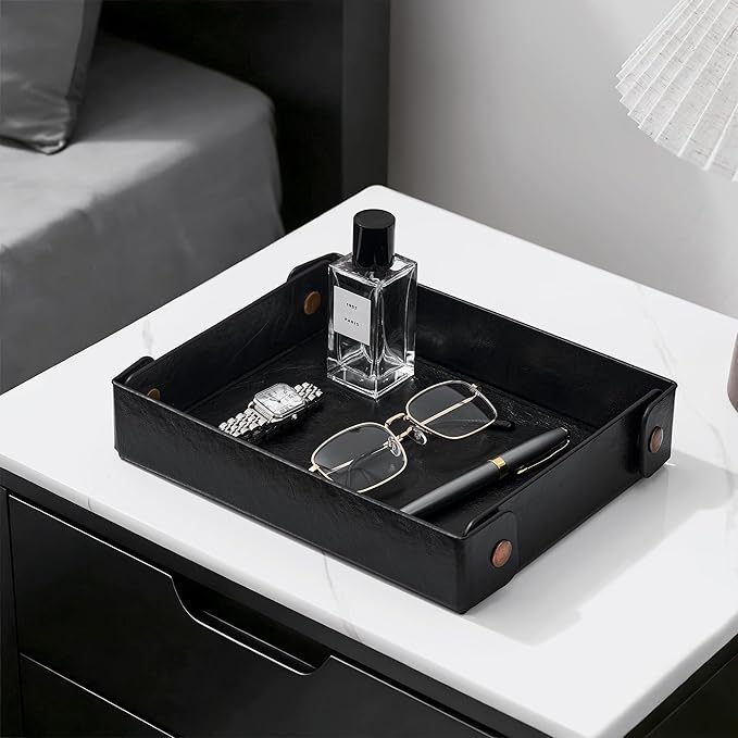 Catch All Valet Tray - EDC Organizer for Key, Wallet, Watch, Jewelry, Phone, coin change | Faux Leather Storage Tray for Dresser, Nightstand, Desk, Entryway, Travel Storage | Black