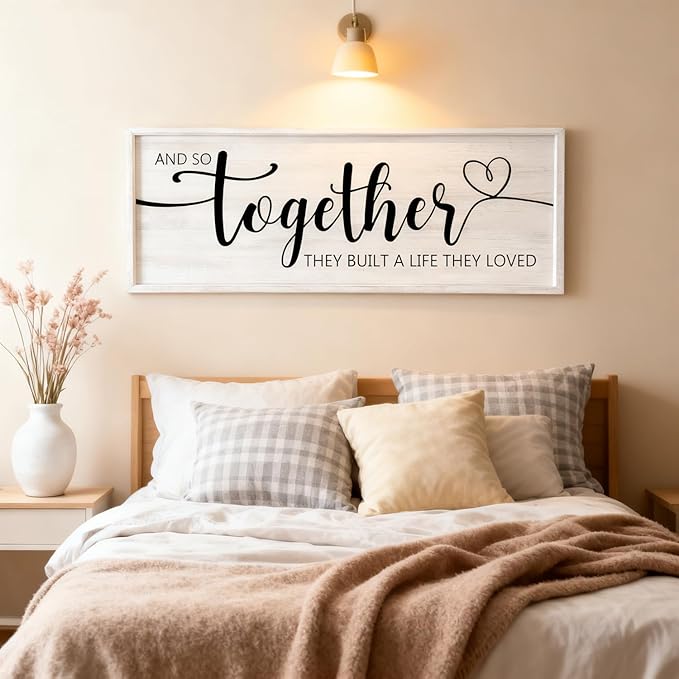 And So Together They Built A Life They Loved Decorative Rustic Sign & Plaque Framed Wall Art for Couples, 40''×15' Wooden Long Wall Decor Above Bed, Vintage Horizontal Farmhouse Wedding Gift