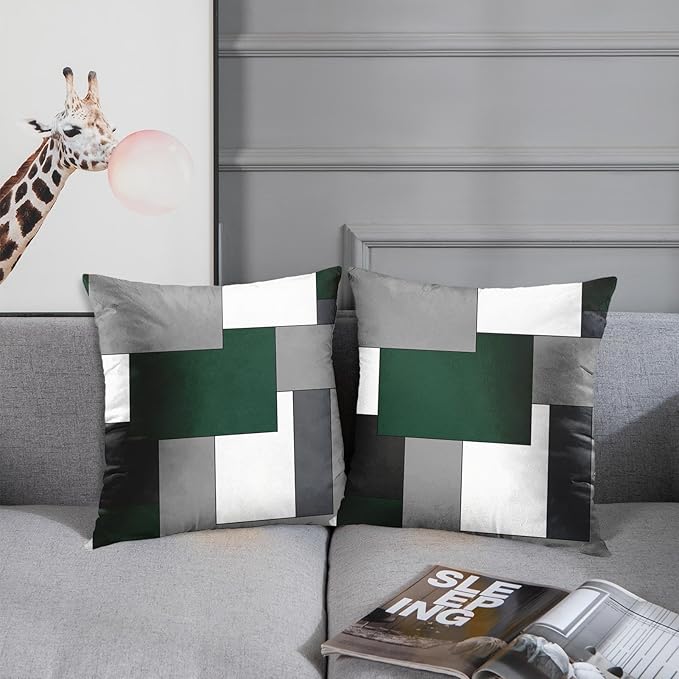 Emvency Set of 2 Dark Green Geometric Throw Pillow Cover Black Grey White Painting Abstract Checkered Design Decorative Pillow Case Modern Home Decor Standard Square 18x18 Inch Cushion Pillowcase