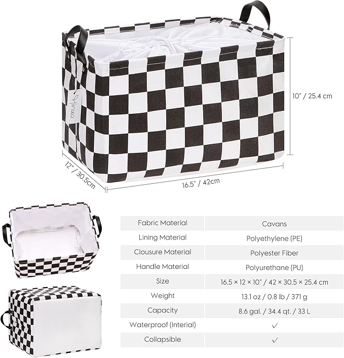 Hinwo Large Canvas Fabric Storage Basket with Handles, 33L/8.6-Gal Rectangle Bin, Collapsible Storage Box, Clothes, Toys, Blankets Organizer, 16.5 x 12 x 10 Inches (L, Black Checkerboard)