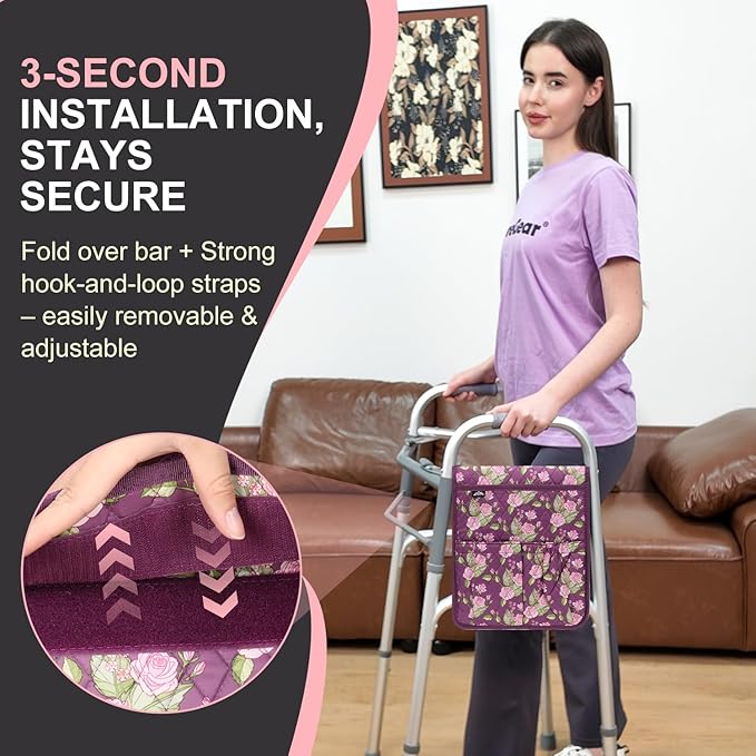 supregear Walker Bag, Universal Seniors Caddy Organizer with Multiple Pockets, Lightweight Accessories for Elderly, Rollators, Wheelchairs and Bedside Rails, Easy to Use Storage Pouch, Floral Purple