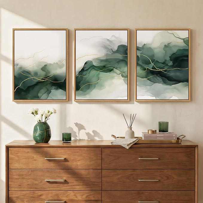 Framed Abstract Green Room Wall Decor, 3 Piece Modern Minimalist Watercolor Wall Art for Living Room, Flowing Gold Lines White Painting Print Canvas Artwork for Bedroom Home Office Walls, 12x16 Inch