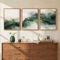 Framed Abstract Green Room Wall Decor, 3 Piece Modern Minimalist Watercolor Wall Art for Living Room, Flowing Gold Lines White Painting Print Canvas Artwork for Bedroom Home Office Walls, 12x16 Inch