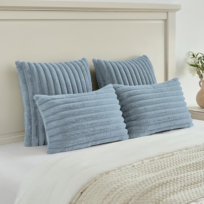 FUTEI Dusty Blue Decorative Throw Pillow Covers Set of 2, 26x26 Inch Soft Fluffy Faux Fur Plush Striped Euro Pillow Shams, Modern Home Decor for Couch Bed Living Room