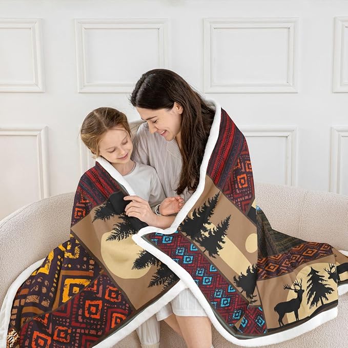 Deer Moose Bear Fleece Blanket 40"X50",Boho Aztec Sherpa Blanket Western Rustic Woodland Throw Blanket For Bed Sofa Couch,Pine Tree Red Brown Stripe Bed Blanket For Country Lodge Cabin Decor