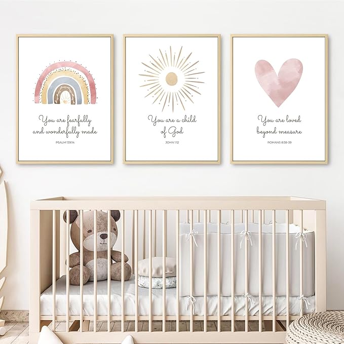Boho Nursery Wall Art 3 Pieces Bible Verse Nursery Art Christian Girls Nursery Wall Art Heart Rainbow Sun Nursery Art Print Boho Sunshine Nursery Decor for Girl Baby Kid Room Decor 12x16 Inch FRAMED