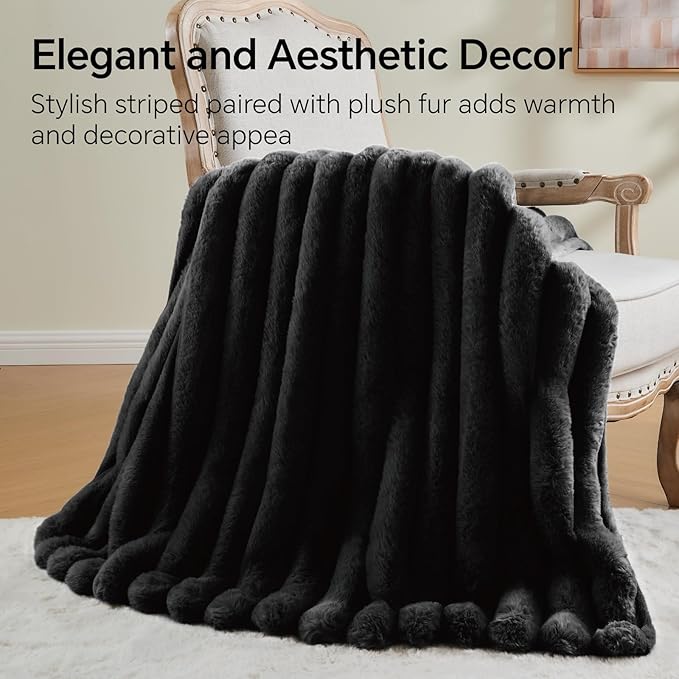 BEDELITE Faux Fur Throw Blanket for Couch, Soft and Cozy Luxurious 3D Striped Fluffy Blanket, 770GSM Thick Warm Plush Fuzzy Faux Rabbit Fur Blanket for Women Gift (Black, 60"x 80")