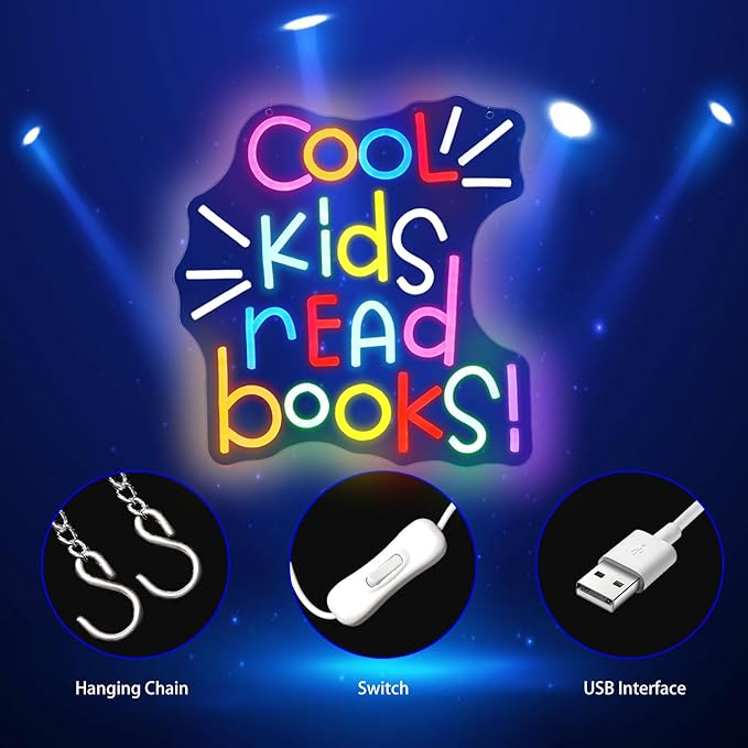 Neon Sign, Gdbkabf Cool Kids Read Books Neon Signs for Wall Decor LED Light Up Signs Home Decor for Classroom, Bedroom, Reading Corner, Study Room, Library Decoration USB Operated