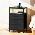 Sweetcrispy Nightstand with Charging Station, Bedside End Table with 3 Fabric Drawers & USB/Type-C Ports and Outlets, Night Stand for Bedroom Furniture, Adjustable Feet and Variable Light Strip, Black