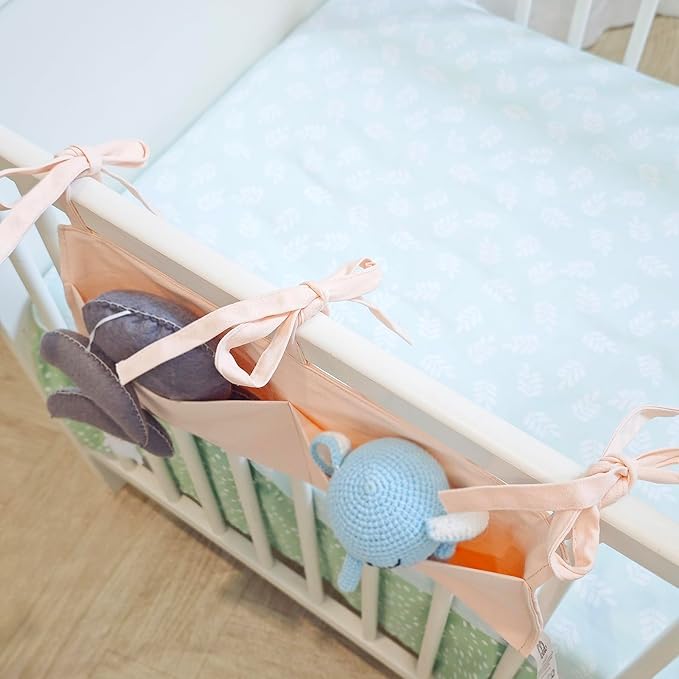 Baby Bedside Bag - 2 Pockets Crib Organizer Hanging for Crib,5 Colors Selection -Baby Toys Storage High-Capacity Baby Hanging Organizer (Apricot color)