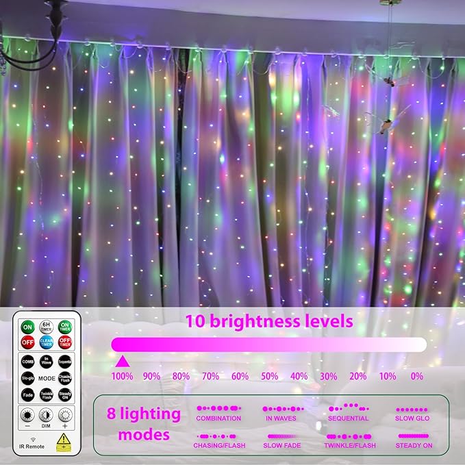 HXWEIYE 300LED Untangled Curtain Lights, 9.8x9.8Ft USB Fairy Twinkle String Lights with Remote and DIY Timer, 8 Modes Window Wall Hanging Light for Bedroom Dorm Backdrop Room Decor, Multicolor