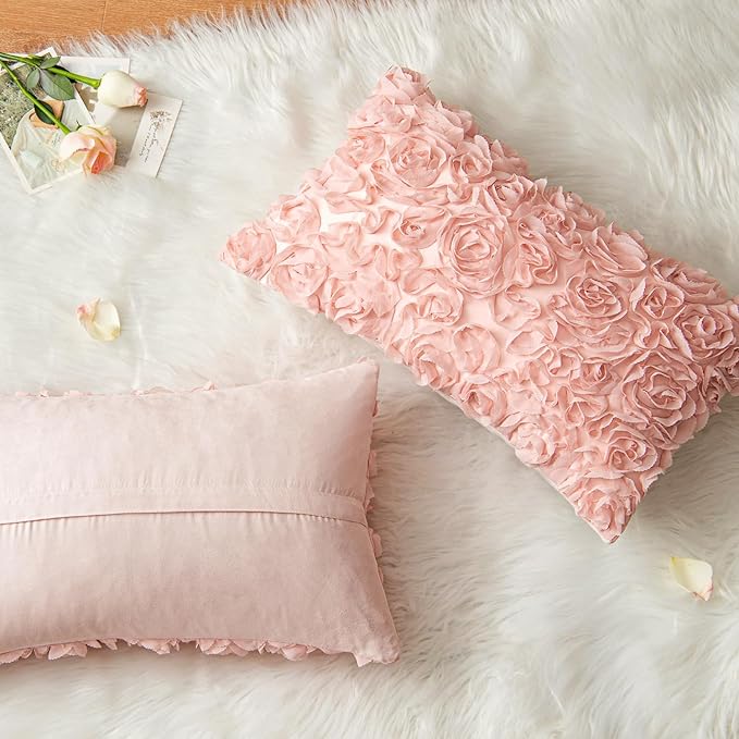 MIULEE 3D Rose Flower Pillow Covers Pack of 2 Decorative Spring Floral Romantic Stereo Chiffon Aesthetic Solid Pillowcase for Girl Bedroom Living Room Decor 12x20 Inch Peach Pink