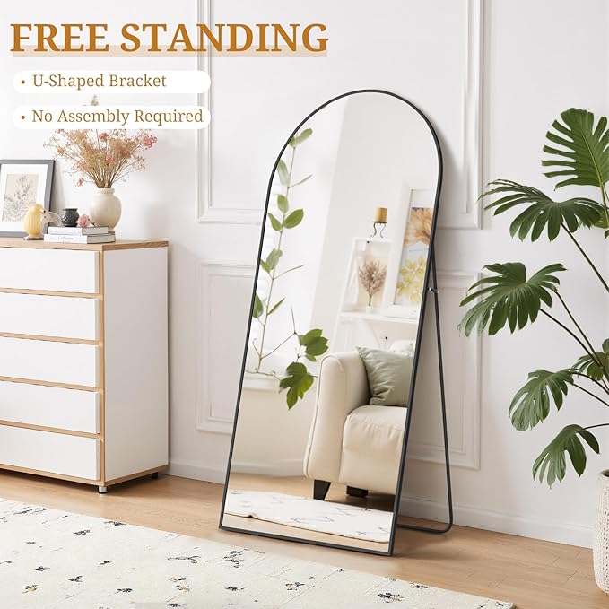 Full Length Mirror 56"x21" Full Body Mirror Arched Free Standing Wall Mounted Leaning Floor Mirrors with Stand Aluminum Alloy Frame for Bedroom Cloakroom, Black