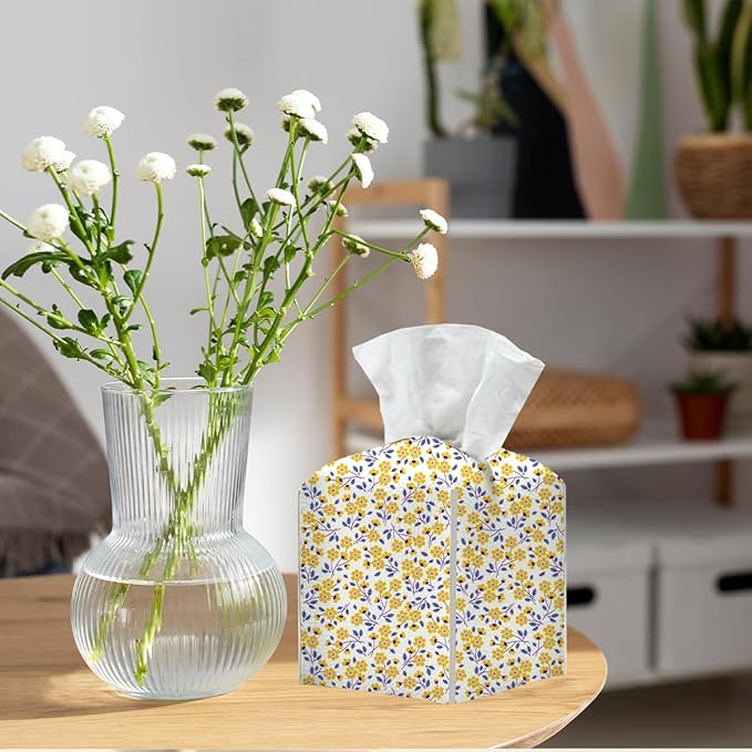 Tissue Box Cover, Tissue Box Holder, Square with Belt Bottom, PU Leather Decorative Organizer for Desk, Tabletop, Countertop Bathroom, Toilet Car, Office, Bedside, Aesthetic Yellow Flower Decor