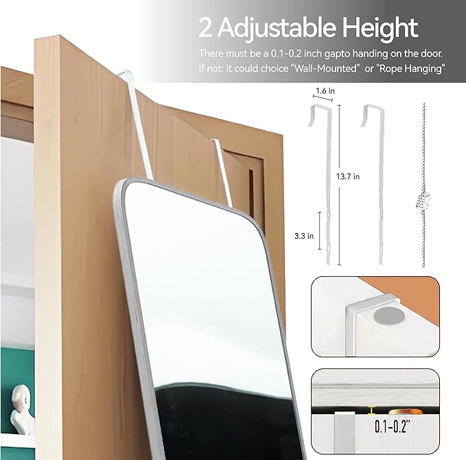 57x20 Door Hanging Full Length Mirror, Floor (Height 5.7ft just Body in 1.3ft) or Wall Mounted Metal Frame Rectangle Dressing Mirrors for Bedroom Bathroom Living Room 57 inch Silver