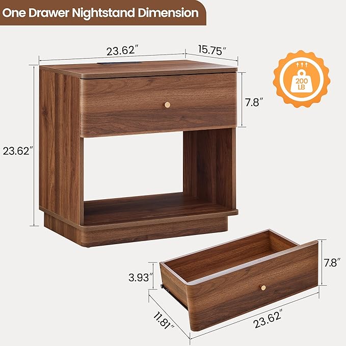 Modern Night Stand with Charging Station for Bedroom, Nightstand Bedside Table with Drawer and Storage Shelf for Bedroom (Walnut-Charging Station-1 pc)