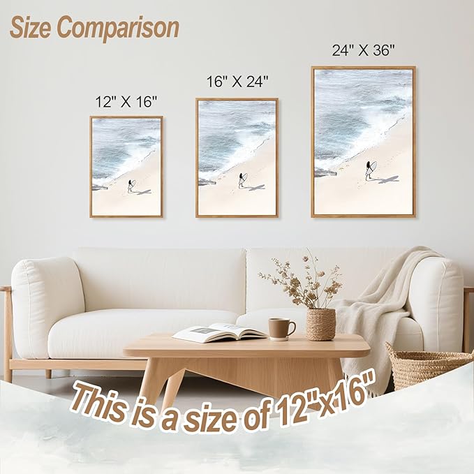 CHDITB Ocean Wave Surf Framed Canvas Wall Art Set Of 3, Minimalist Coastal Wall Decor, Nature Inspired Seascape Wall Painting, Neutral Surfboard Beach Art Prints for office Bedroom Decor (12x16 Inch)