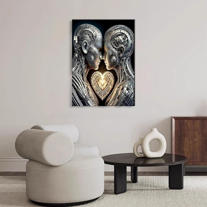 Framed 3D Love Wall Art Canvas Mural Futurist Gallery Couple Fantasy Robot Romantic Poster Art Bedroom Living Room Office Game Room High tech Aesthetic Decoration 16x24 inches