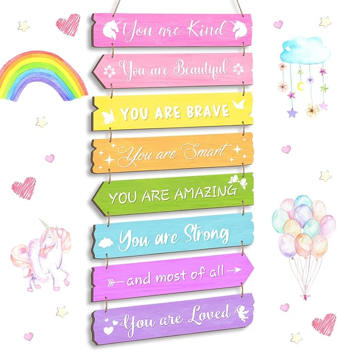 Inspirational Girl Room Decor Aesthetic Art Wall Hanging Sign Inspiring Colorful Rainbow Wooden Decoration for Kids Teens Toddler Boy Baby Bedroom Nursery Dorm Decor, 6-12 Years old(Unicorn)