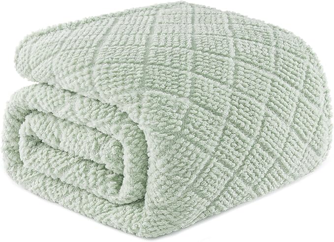 Whale Flotilla Fuzzy Fleece Queen Size Blanket for Bed, Soft Fluffy Jacquard Waffle Blankets for All Season, Lightweight and Warm, 90x90 Inch, Sage Green
